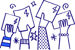 An illustration of students hands in the air holding their papers