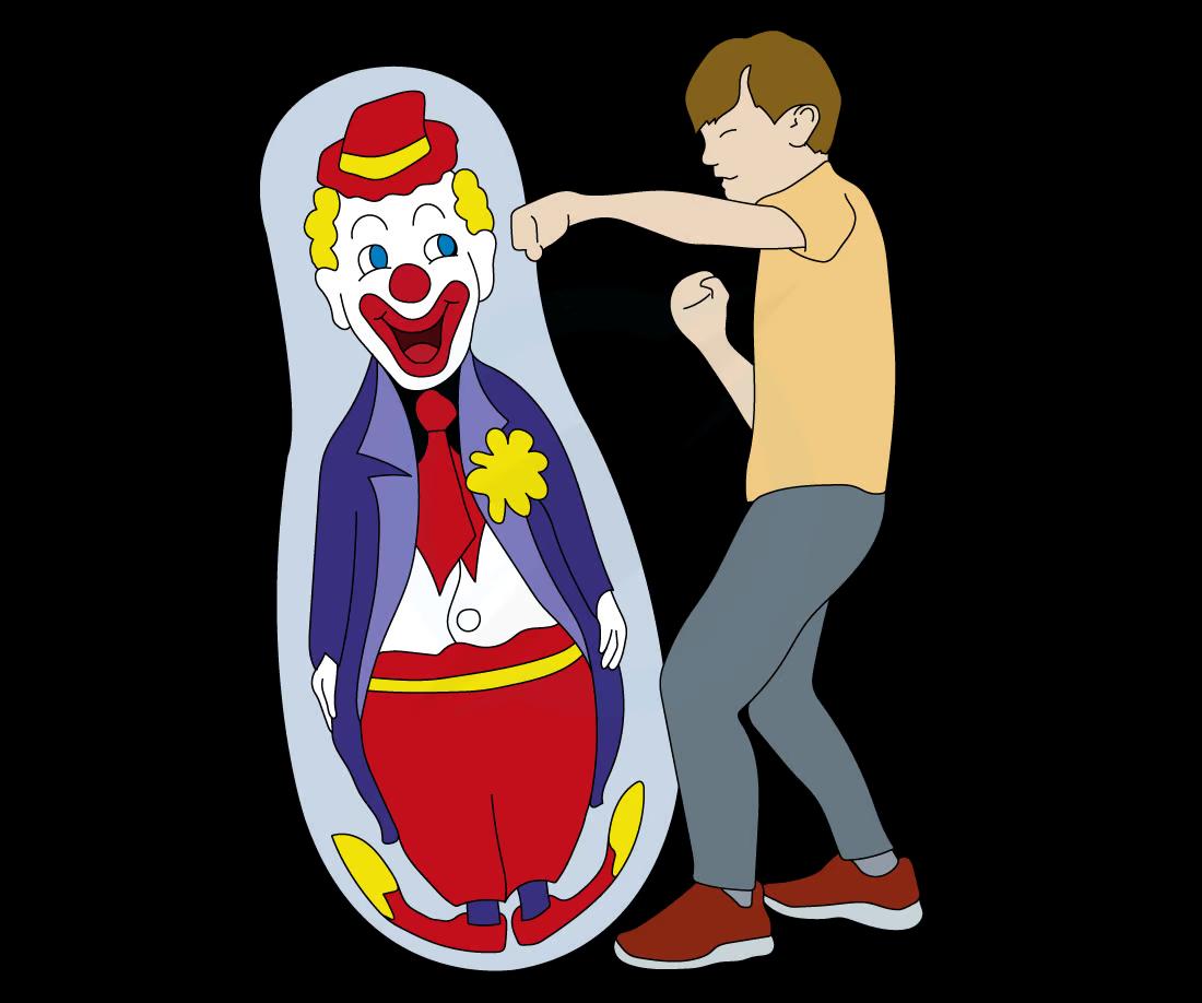 A person wearing a yellow shirt and gray pants is punching an inflatable clown punching bag (Bobo doll). The clown wears a red hat, blue jacket, and red pants.