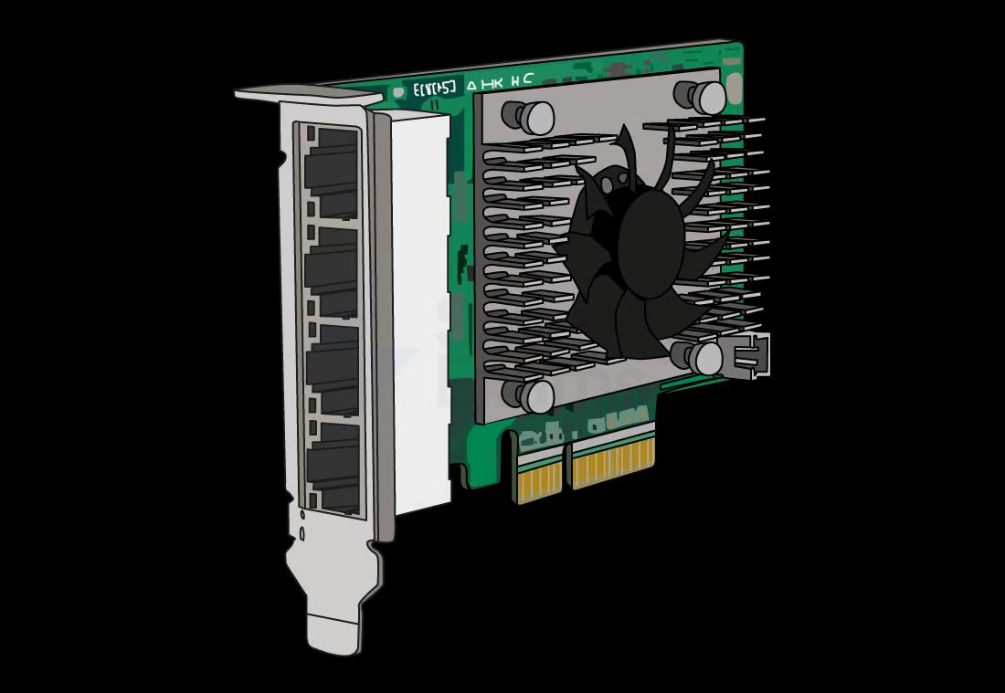 Illustration of a PCI network interface card with a small cooling fan and heat sink, featuring multiple Ethernet ports and a green circuit board.