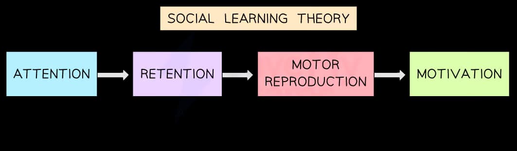 Flowchart of Social Learning Theory: Attention (stimuli, focus), Retention (rehearse, encode), Motor Reproduction (practice, feedback), and Motivation (reward, reinforce).