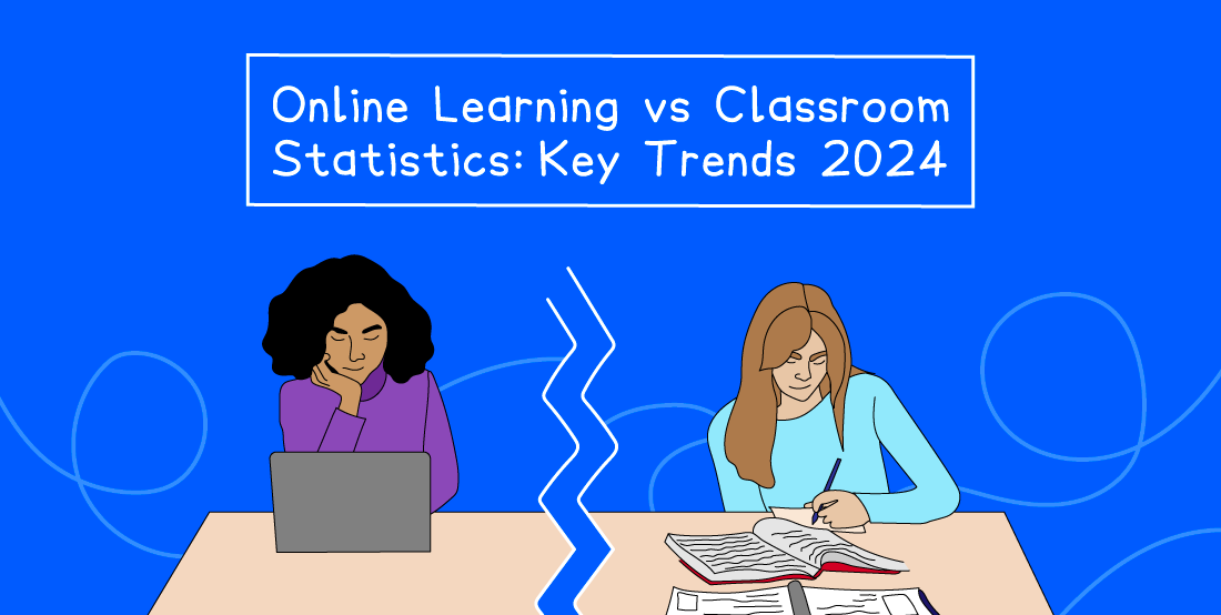 Two students divided by a zigzag line; one uses a laptop, the other writes in a book. Text reads "Online Learning vs Classroom: Key Trends 2024".