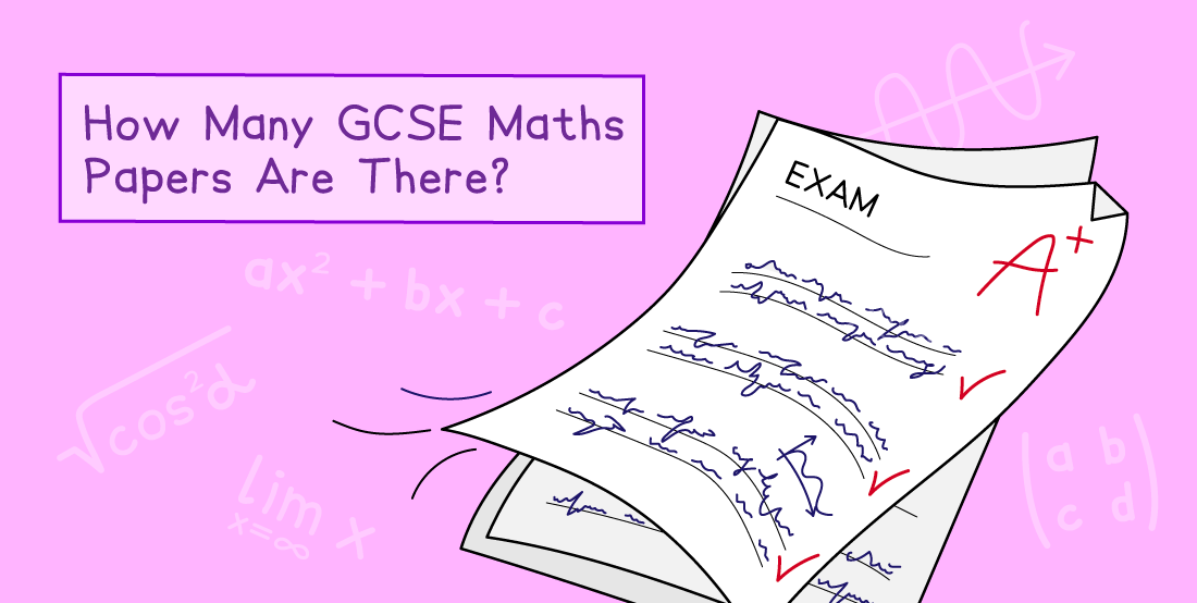 Illustration showing GCSE Maths exam papers with scribbles, an A+ grade, and the title "How Many GCSE Maths Papers Are There?" against a purple background.