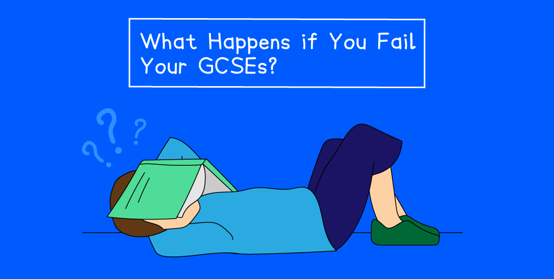 Person lying down, covering face with a book, surrounded by question marks. Text reads, "What Happens if You Fail Your GCSEs?" on a blue background.