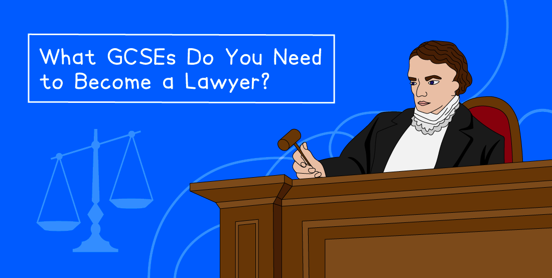 Illustration of a judge holding a gavel, with text asking "What GCSEs Do You Need to Become a Lawyer?" and scales of justice in the background.