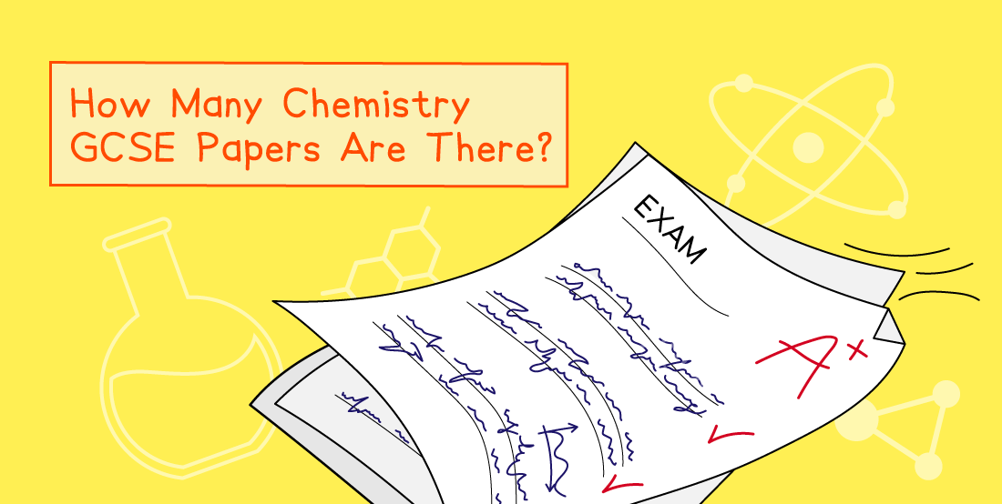 Illustration with text "How Many Chemistry GCSE Papers Are There?" showing an exam paper marked A+, against a yellow background with chemistry symbols.