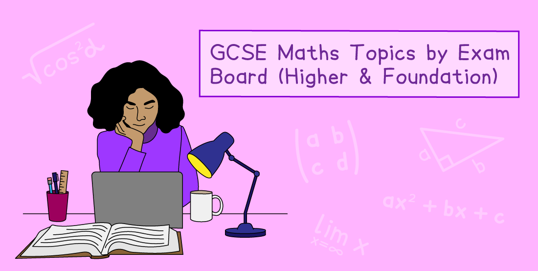 Person studying at a desk with an open book, laptop, and lamp. Text reads "GCSE Maths Topics by Exam Board (Higher & Foundation)" on a purple background.