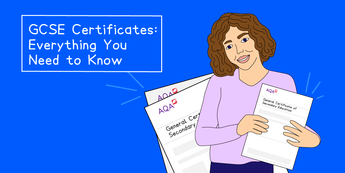 Illustrated woman holding GCSE certificates with "GCSE Certificates: Everything You Need to Know" text on a blue background.