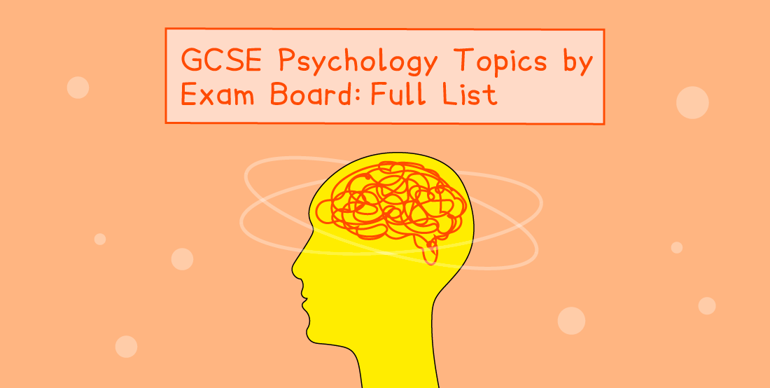 Illustration of a yellow head with a tangled brain, set against an orange background, with text reading "GCSE Psychology Topics by Exam Board: Full List."