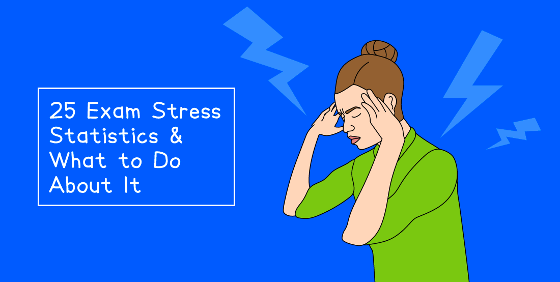 Illustration of a stressed person holding their head, with lightning bolts around, next to text: "25 Exam Stress Statistics & What to Do About It".