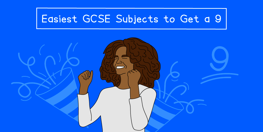 Illustration of a smiling person celebrating with raised fists and confetti, under the text "Easiest GCSE Subjects to Get a 9" on a blue background.