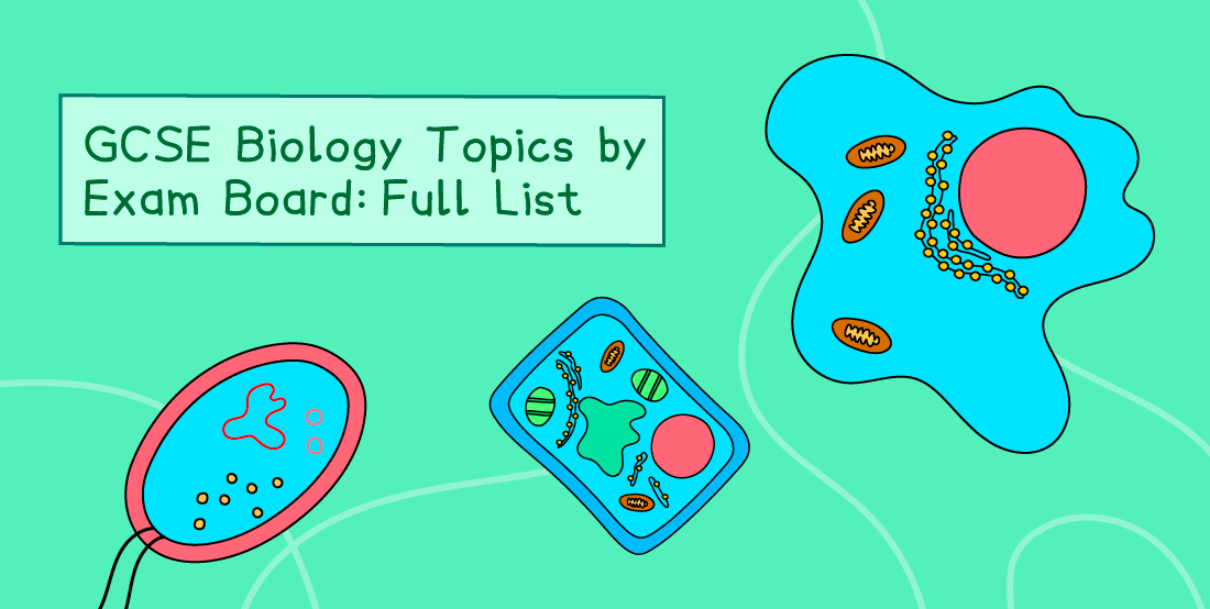 GCSE Biology Topics by Exam Board text with cartoon cell diagrams on a green background, showing labelled parts of a cell like the nucleus and organelles.