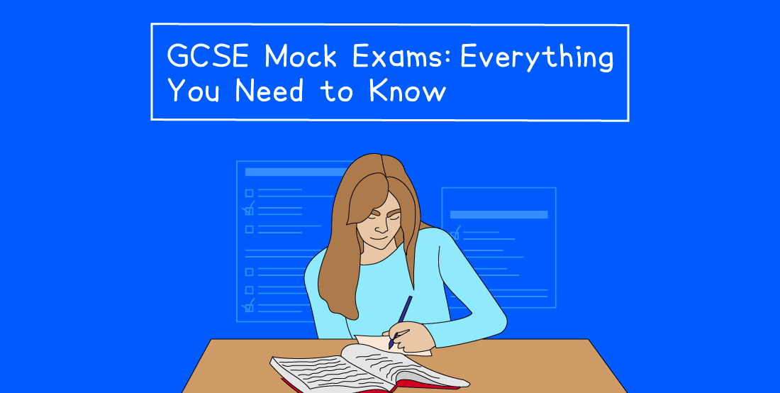 Illustration of a student writing in a notebook, with the text "GCSE Mock Exams: Everything You Need to Know" on a blue background.