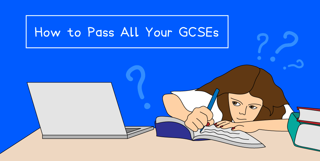 Illustration of a girl studying at a desk with a laptop and books, looking confused. Text reads "How to Pass All Your GCSEs" on a blue background.