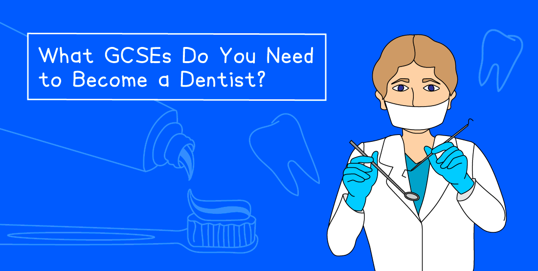 Illustration of a dentist with tools, wearing a mask and gloves, alongside text asking about GCSE requirements to become a dentist, on a blue background.