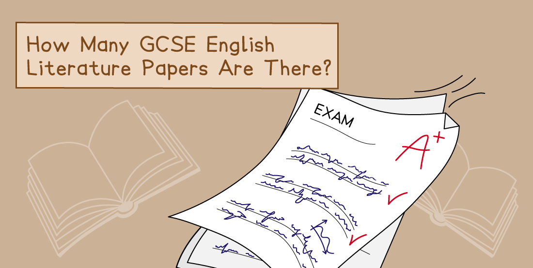 Illustration of GCSE English Literature papers with an A+ grade, text asks how many papers there are, with book icons in the background.