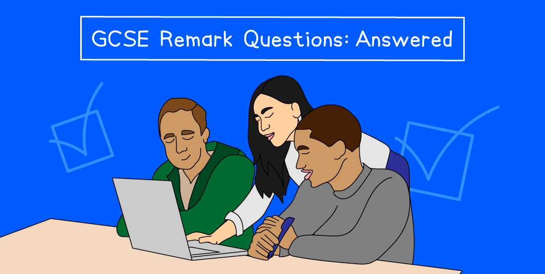 Three people gathered around a laptop, with the text "GCSE Remark Questions: Answered" on a blue background with checkmarks.