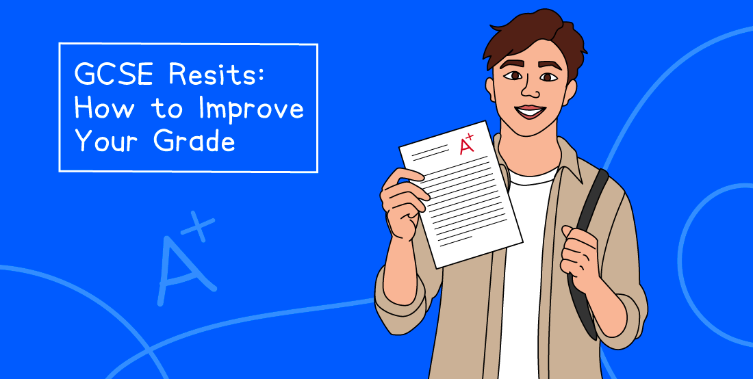 Illustration of a student with brown hair holding an A+ paper. Text reads "GCSE Resits: How to Improve Your Grade" on a blue background.