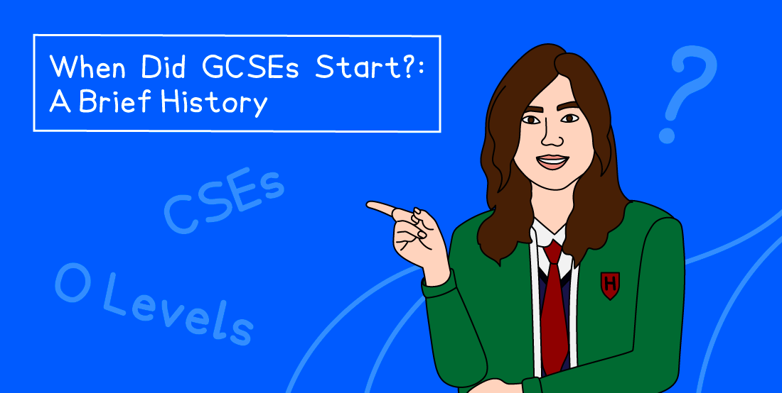 Illustration of a student in a green blazer pointing to text: "When Did GCSEs Start?: A Brief History," with "CSEs" and "O Levels" in the background.