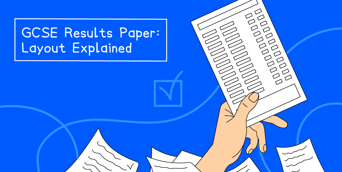 Illustration of a hand holding a GCSE results paper amidst loose sheets on a blue background, with text: "GCSE Results Paper: Layout Explained".