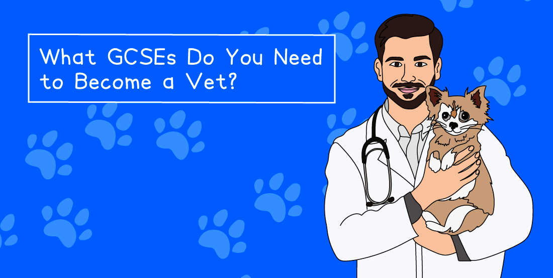 Illustration of a smiling male vet holding a dog, with the text "What GCSEs Do You Need to Become a Vet?" on a blue paw-patterned background.