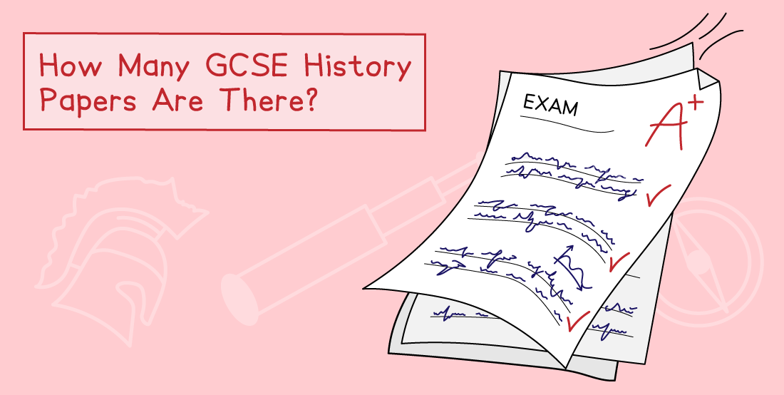 Illustration of GCSE History exam papers with red text asking their quantity. Papers show an A+ grade on a pink background with faint historical icons.