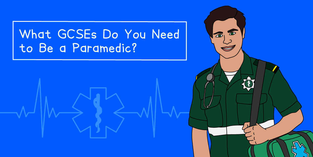 Illustration of a paramedic with a stethoscope and a medical bag, against a blue background with text: "What GCSEs Do You Need to Be a Paramedic?"