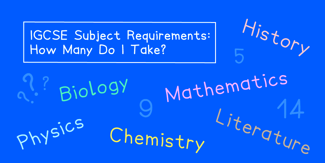 Blue background with text: "IGCSE Subject Requirements: How Many Do I Take?" Surrounding words: Biology, Mathematics, Physics, Chemistry, History, Literature.