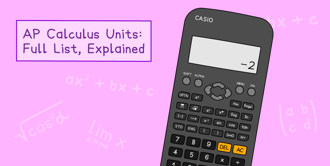 Calculator displaying -2 on a pink background with mathematical expressions and text: "AP Calculus Units: Full List, Explained."