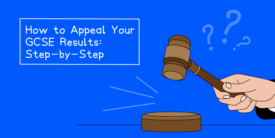 Guide on appealing GCSE results with a cartoon hand holding a gavel. Blue background with question marks and text box detailing the process.